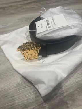 Versace Black Leather Belt with Gold Medusa Buckle Accent